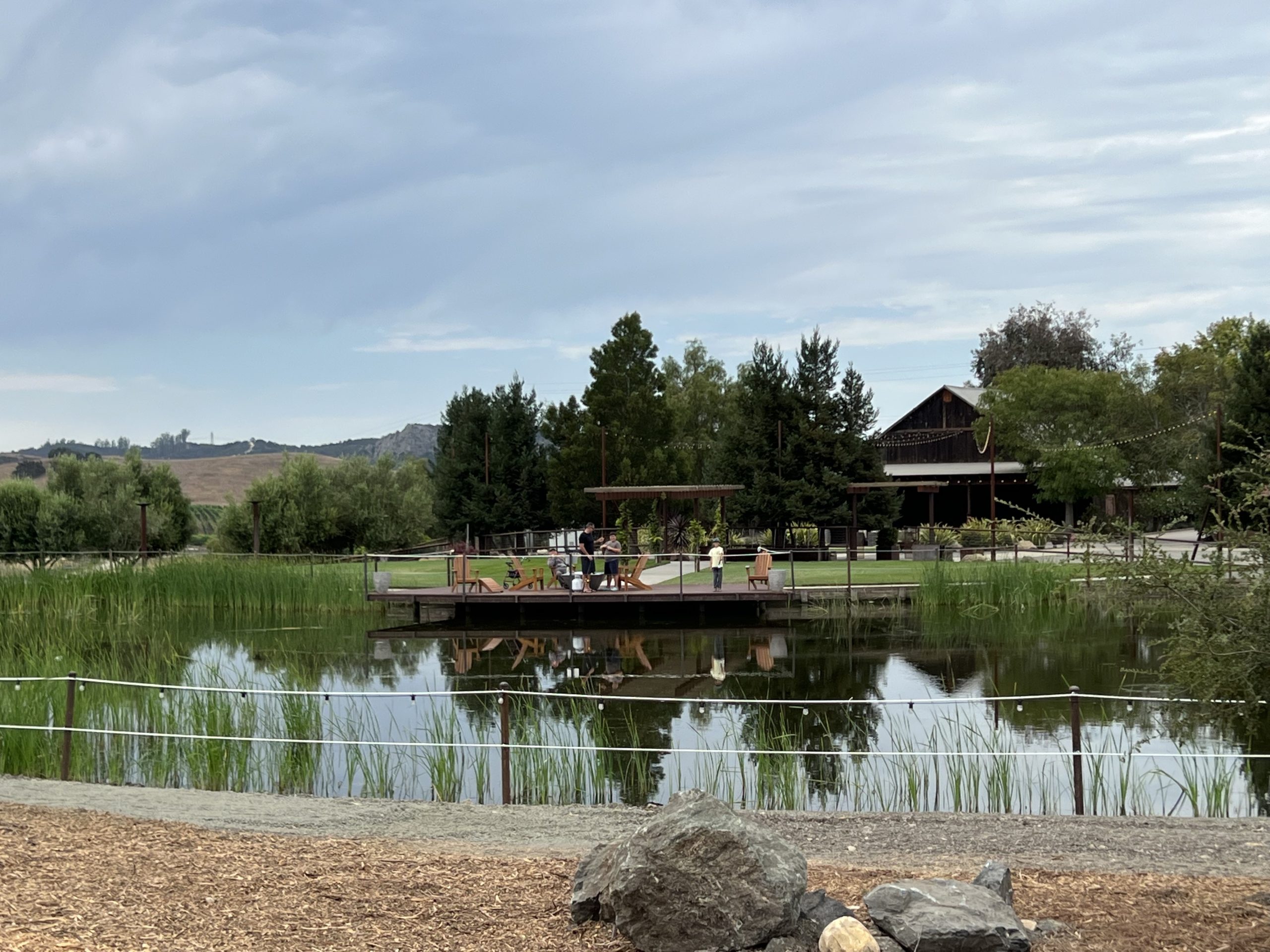 People gathered on a deck beside an estate pond